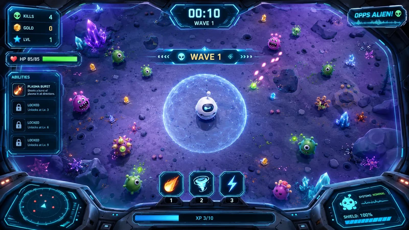 OppsAlien!: a white-suited astronaut and two grinning green aliens beside a lander on a purple crystal world.
